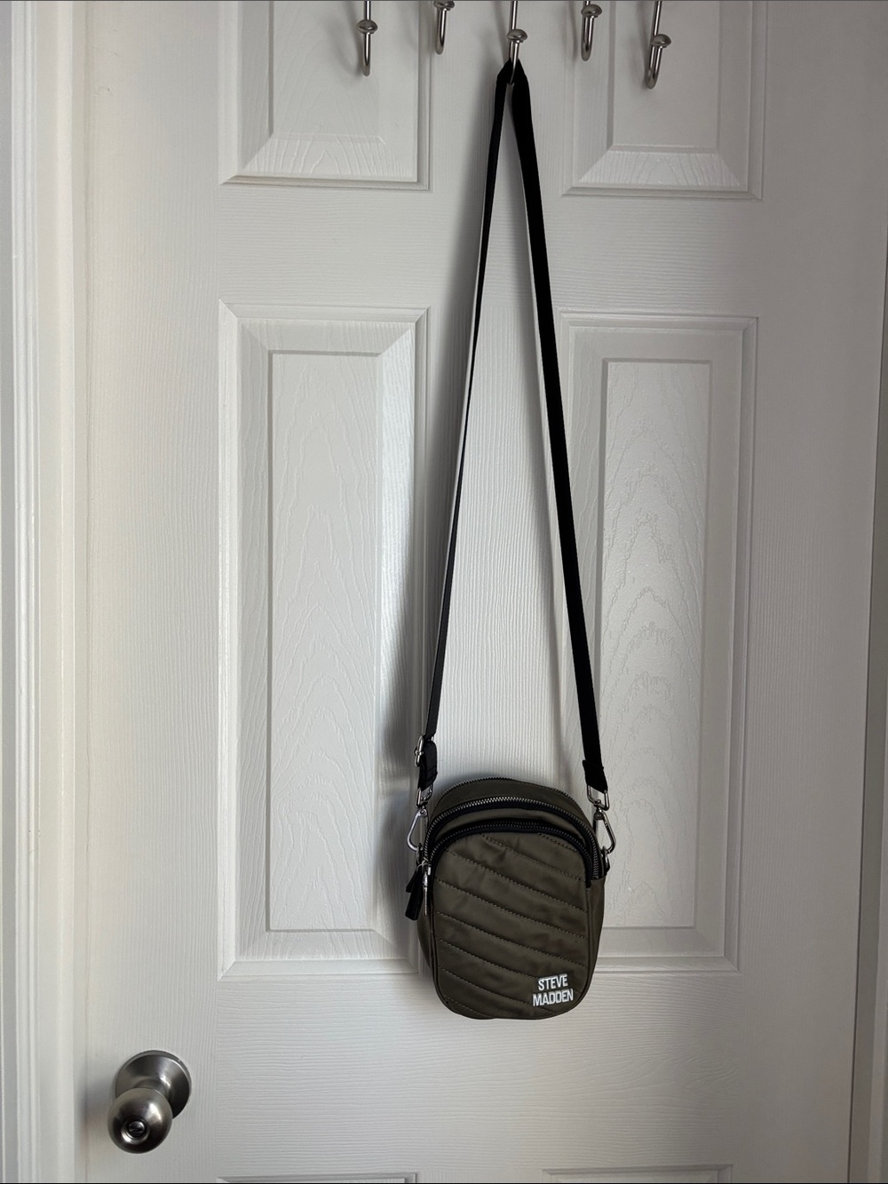 Steve Madden Olive Quilted Crossbody Belt Bag with Black Strap